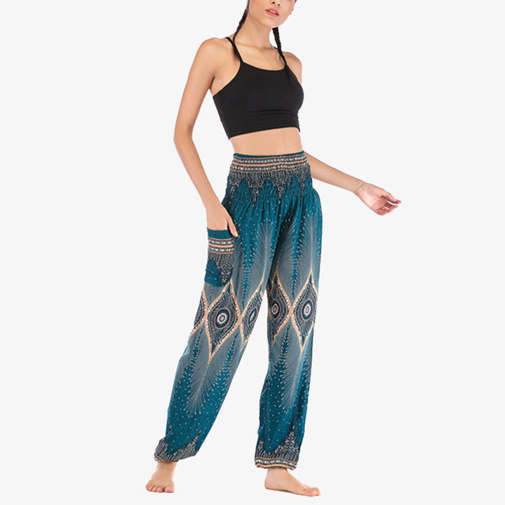 Pantalones de yoga para mujer con diseño de plumas de pavo real y ojos pequeños con Buddha Stones - image 30
