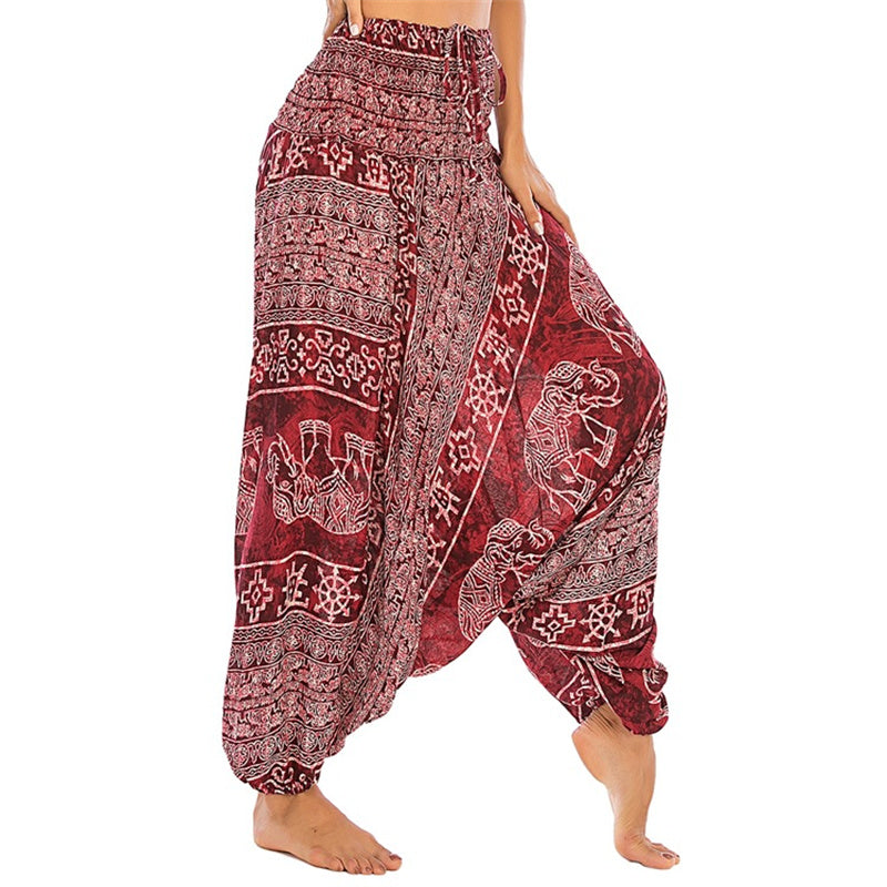 Buddha Stones de dos estilos Patrón de elefante Pantalones de harén holgados ahumados Mono Pantalones de yoga para mujer - Elefante Rojo - US2-12, UK/AU6-16, EU34-44 (F) - image 0