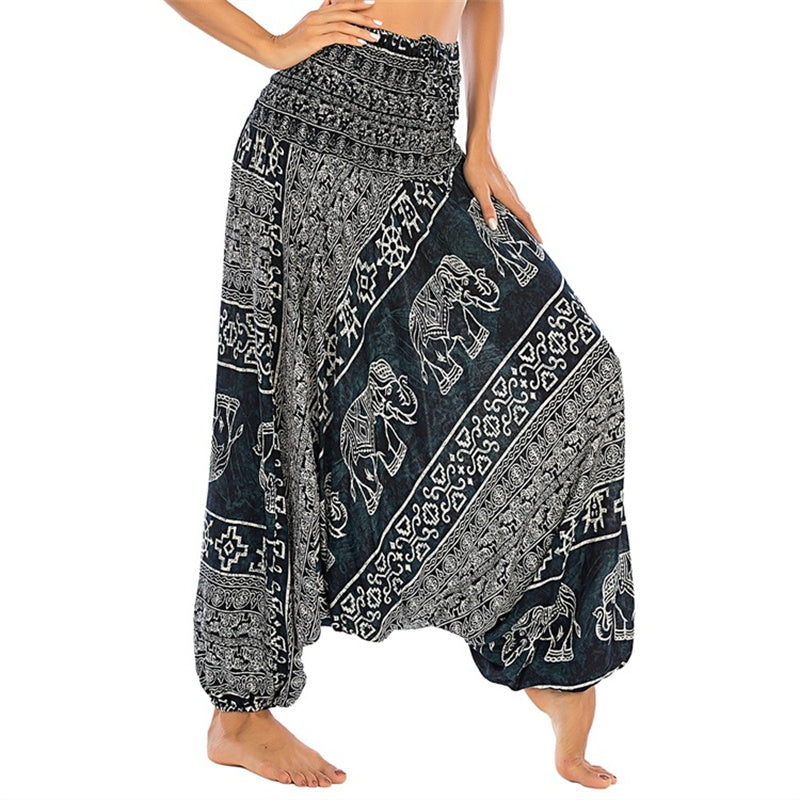 Buddha Stones de dos estilos Patrón de elefante Pantalones de harén holgados ahumados Mono Pantalones de yoga para mujer - Elefante negro - US2-12, UK/AU6-16, EU34-44 (F) - image 21