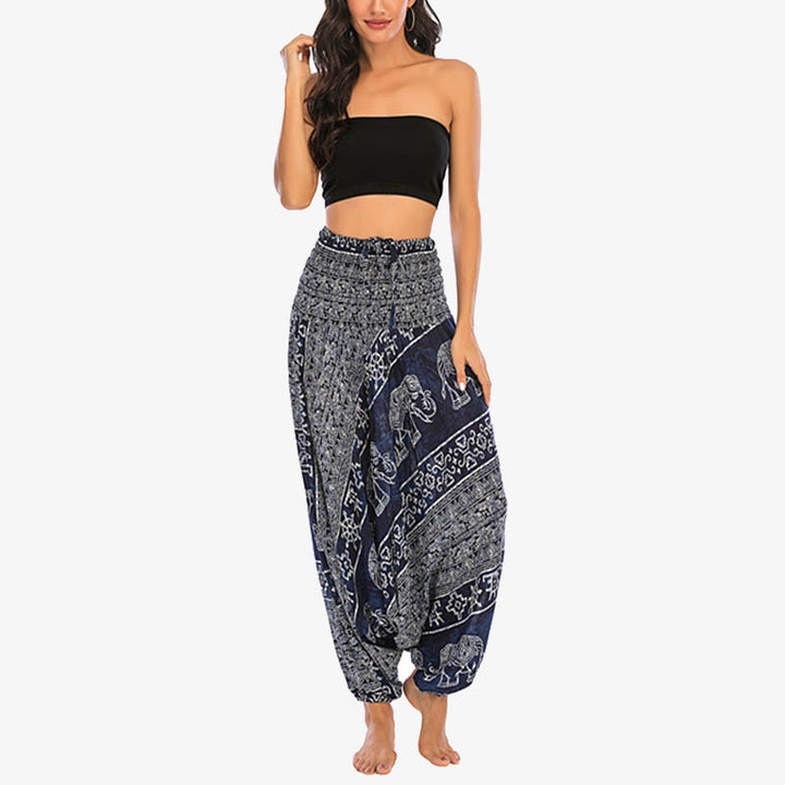 Buddha Stones de dos estilos Patrón de elefante Pantalones de harén holgados ahumados Mono Pantalones de yoga para mujer - image 36