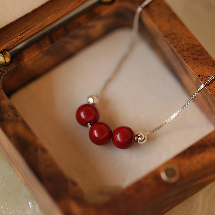 Colgante de collar con cuentas de cinabrio de plata de ley 925 con Buddha Stones - Tres cuentas de cinabrio de 6 mm - image 0