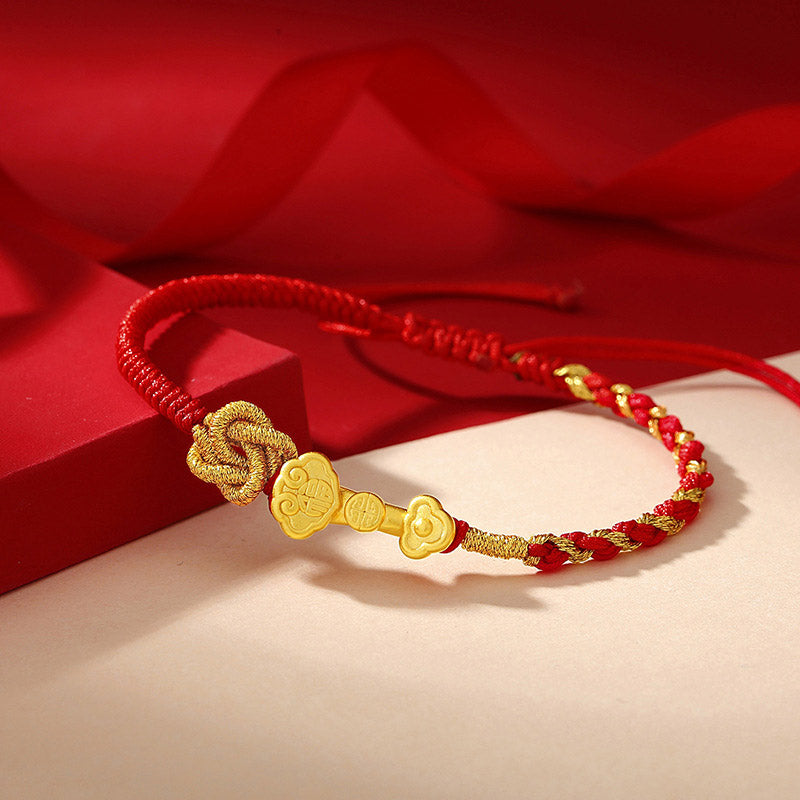 Pulsera de cuerda de la suerte con diseño de personaje Fu de plata de ley 999 con Buddha Stones - image 1