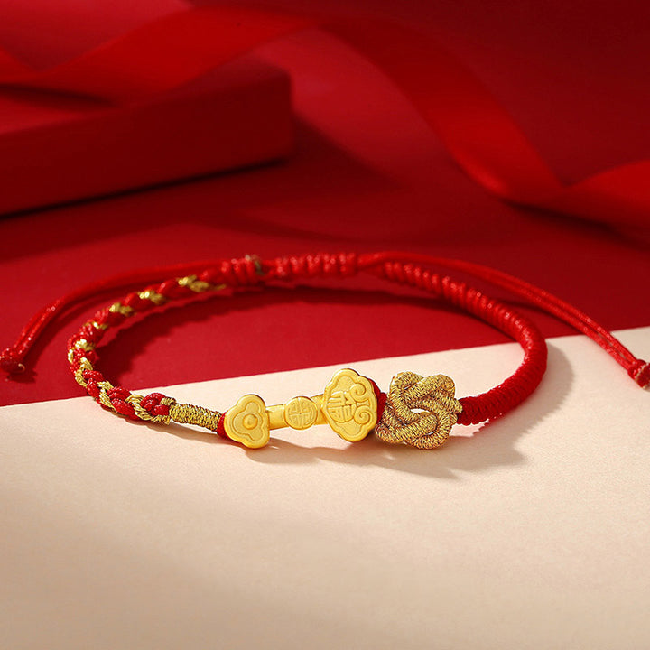 Pulsera de cuerda de la suerte con diseño de personaje Fu de plata de ley 999 con Buddha Stones - 14-22 cm - image 0