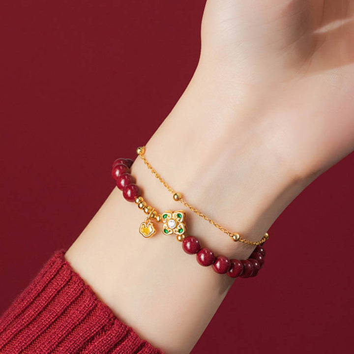 Pulsera de cadena de bendición de flores de trébol de cuatro hojas de cinabrio natural de plata de ley 925 con Buddha Stones - image 5