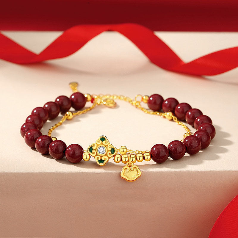 Pulsera de cadena de bendición de flores de trébol de cuatro hojas de cinabrio natural de plata de ley 925 con Buddha Stones - 14-15 cm - image 0