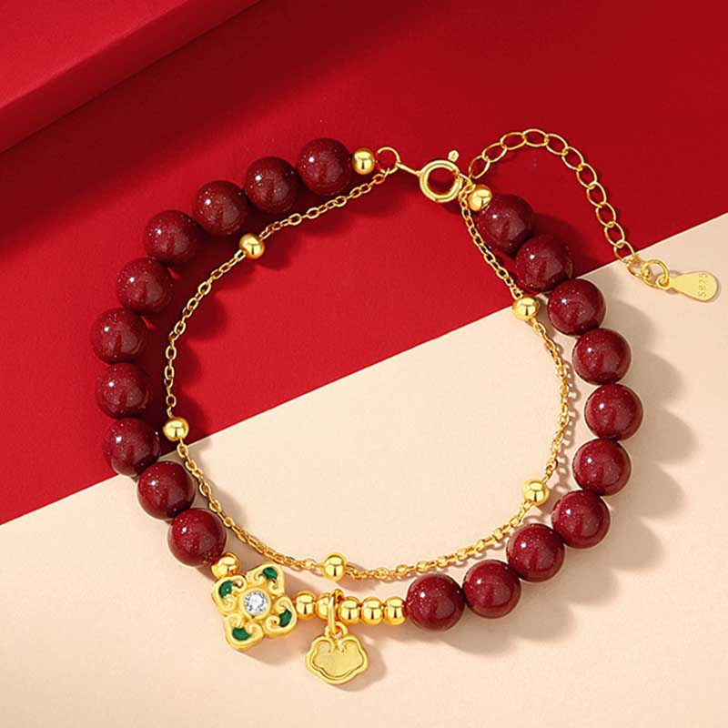 Pulsera de cadena de bendición de flores de trébol de cuatro hojas de cinabrio natural de plata de ley 925 con Buddha Stones - image 3