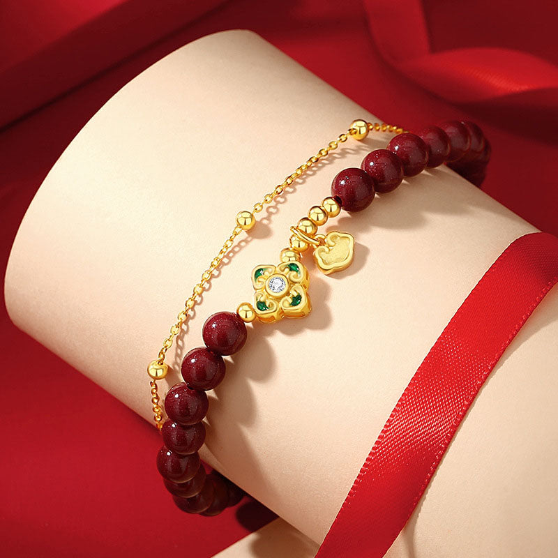 Pulsera de cadena de bendición de flores de trébol de cuatro hojas de cinabrio natural de plata de ley 925 con Buddha Stones - image 1