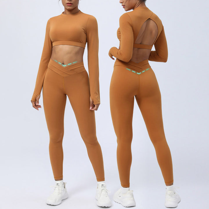 Buddha Stones - Conjunto de 2 piezas de manga larga sin espalda, sujetador, polainas, pantalones, fitness, yoga