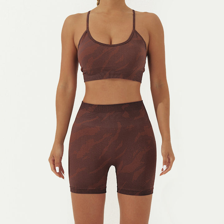 Buddha Stones - Conjunto de 2 piezas con estampado de camuflaje, espalda cruzada, correa cruzada, sujetador, pantalones cortos, polainas, pantalones de fitness y yoga - Marrón - 2 piezas (top y pantalones cortos) - US8-10，UK/AU12-14，EU40-42 (L) - image 8