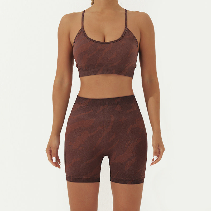 Buddha Stones - Conjunto de 2 piezas con estampado de camuflaje, espalda cruzada, correa cruzada, sujetador, pantalones cortos, polainas, pantalones de fitness y yoga - Marrón - Conjunto de 2 piezas (Top y shorts) - US8-10，UK/AU12-14，EU40-42 (L) - image 8