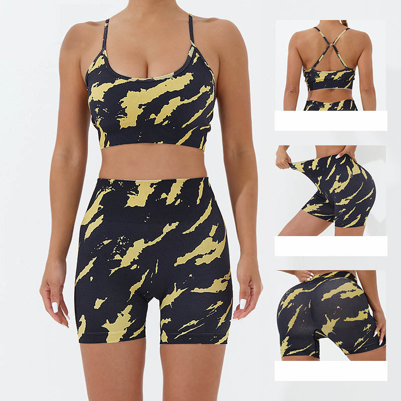 Buddha Stones - Conjunto de 2 piezas con estampado de camuflaje, espalda cruzada, correa cruzada, sujetador, pantalones cortos, polainas, pantalones de fitness y yoga - image 1