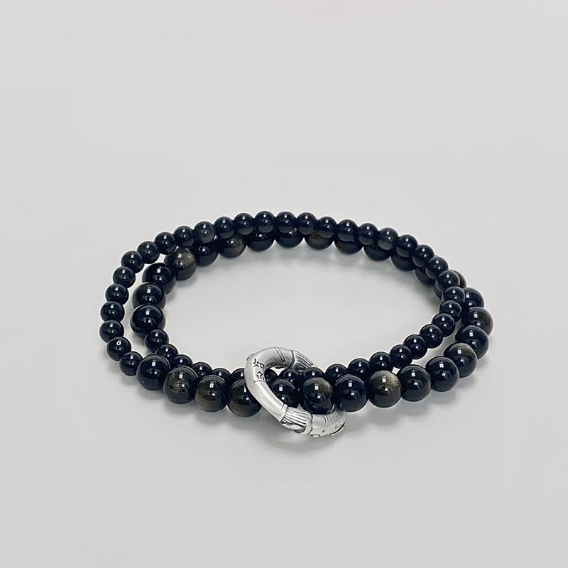 Pulsera de doble capa de obsidiana negra de plata de ley 999 con Buddha Stones - Obsidiana negra (circunferencia de la muñeca 14-16 cm) - image 0