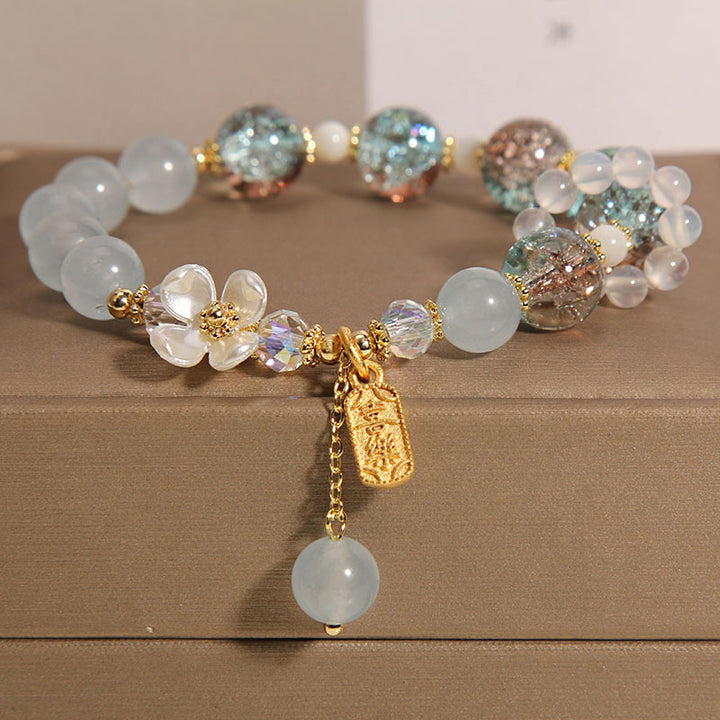 Pulsera curativa de flores de calcedonia, amatista, cristal azul natural, Buddha Stones