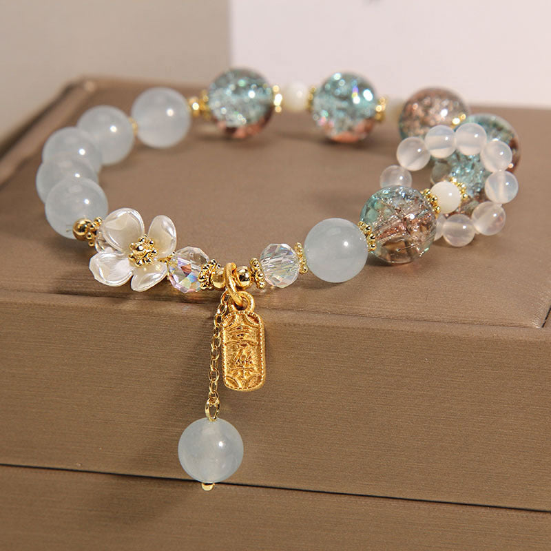 Pulsera curativa de flores de calcedonia, amatista, cristal azul natural, Buddha Stones