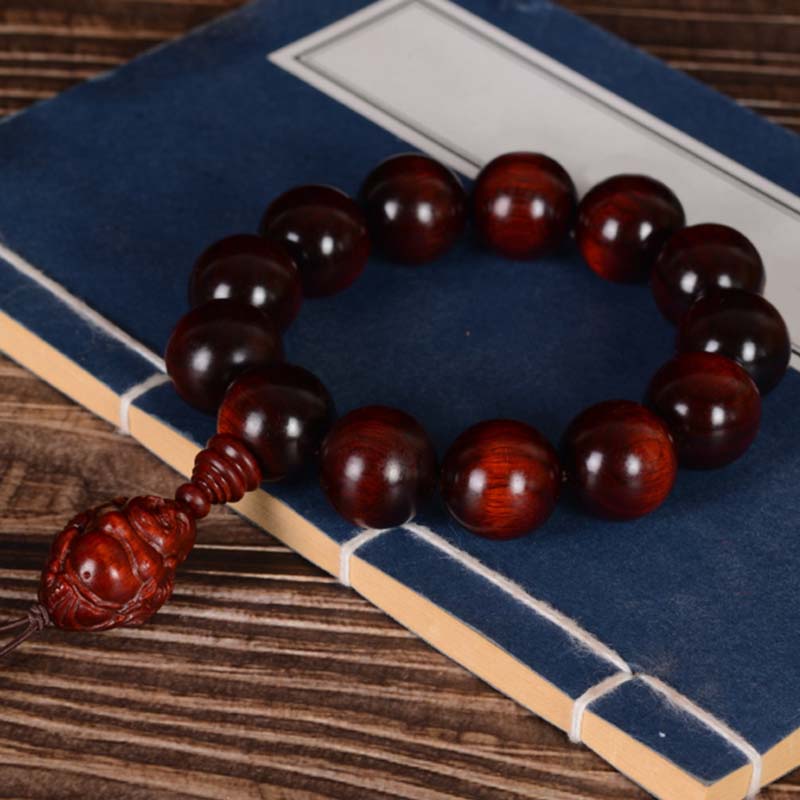 Pulsera de protección del dios de la riqueza de Buda sonriente de sándalo rojo de hoja pequeña con piedras de Buddha Stones