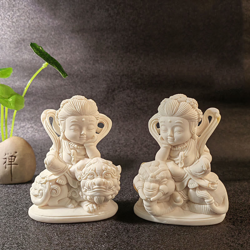 Buddha Stones Mini fruta de marfil Tathagata Buda Lotus Kwan Yin Avalokitesvara Manjusri Samantabhadra Serenity decoración de escritorio - 2 piezas Manjusri y Samantabhadra 10*7,5*5 cm - image 21