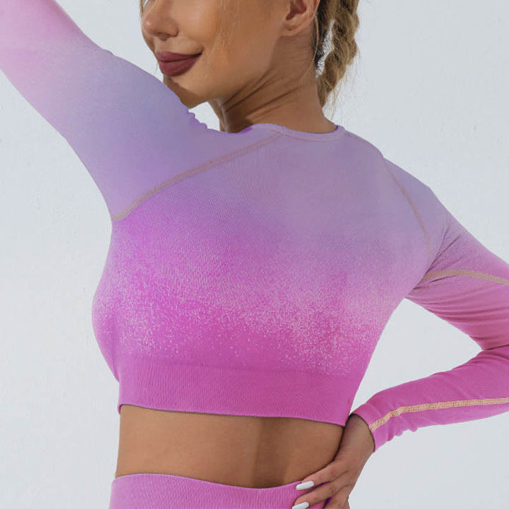 Buddha Stones Degradado Manga Larga Crop Top Tee Bra Leggings Pantalones Fitness Yoga Outfit - Arriba - Rosa púrpura - US4，UK/AU8，EU36 (L) - image 10