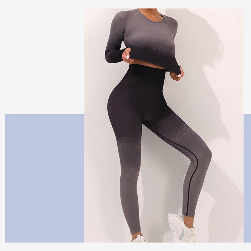 Buddha Stones Degradado Manga Larga Crop Top Tee Bra Leggings Pantalones Fitness Yoga Outfit - image 18