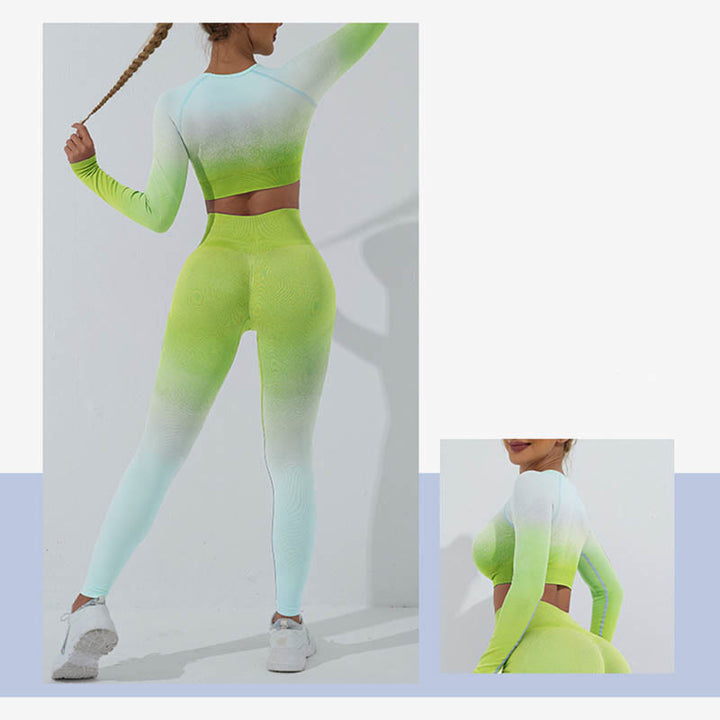 Buddha Stones Degradado Manga Larga Crop Top Tee Bra Leggings Pantalones Fitness Yoga Outfit - image 40