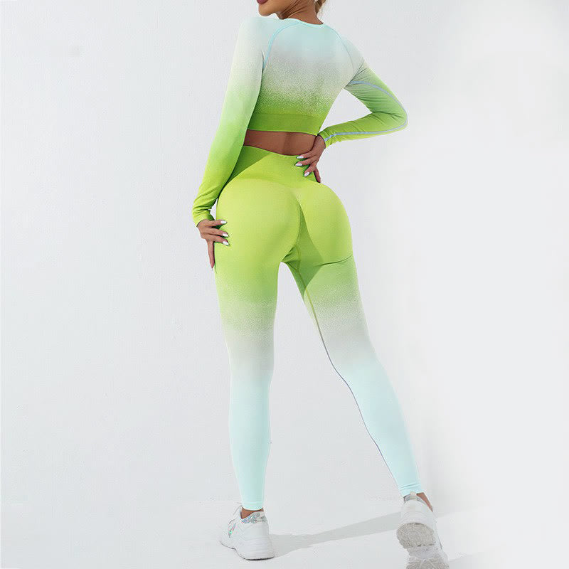 Buddha Stones Degradado Manga Larga Crop Top Tee Bra Leggings Pantalones Fitness Yoga Outfit - image 39