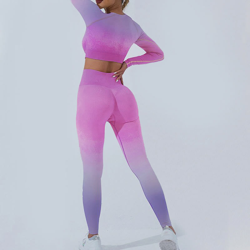 Buddha Stones Degradado Manga Larga Crop Top Tee Bra Leggings Pantalones Fitness Yoga Outfit - image 33