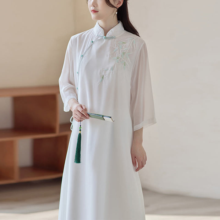 Vestido Cheongsam de bambú con Buddha Stones, vestido a media pierna, pantalones de pierna ancha, ropa de práctica Zen espiritual para meditación - Vestidos Cheongsam (Solo vestido) - US8-10，UK/AU12-14，EU40-42 (2XL) - image 11