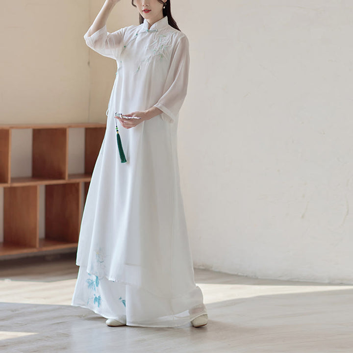 Vestido Cheongsam de bambú con Buddha Stones, vestido a media pierna, pantalones de pierna ancha, ropa de práctica Zen espiritual para meditación - image 0