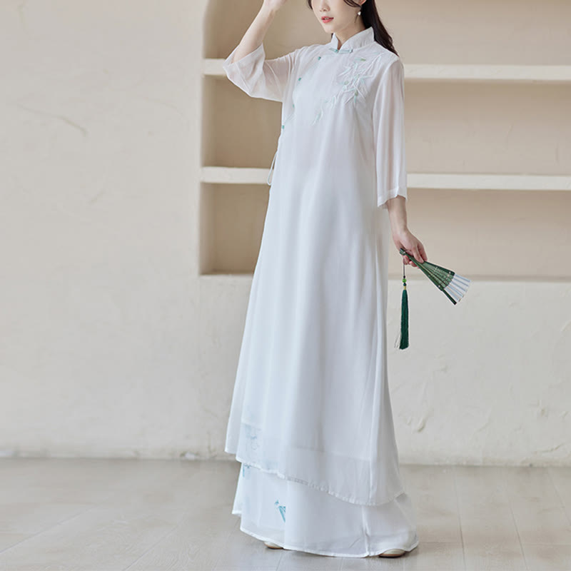 Vestido Cheongsam de bambú con Buddha Stones, vestido a media pierna, pantalones de pierna ancha, ropa de práctica Zen espiritual para meditación - image 4