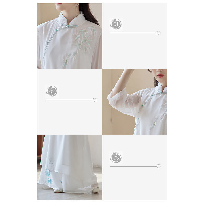 Vestido Cheongsam de bambú con Buddha Stones, vestido a media pierna, pantalones de pierna ancha, ropa de práctica Zen espiritual para meditación - image 9