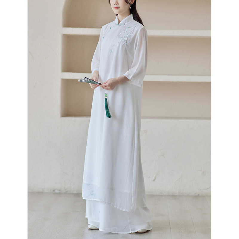 Vestido Cheongsam de bambú con Buddha Stones, vestido a media pierna, pantalones de pierna ancha, ropa de práctica Zen espiritual para meditación - image 8