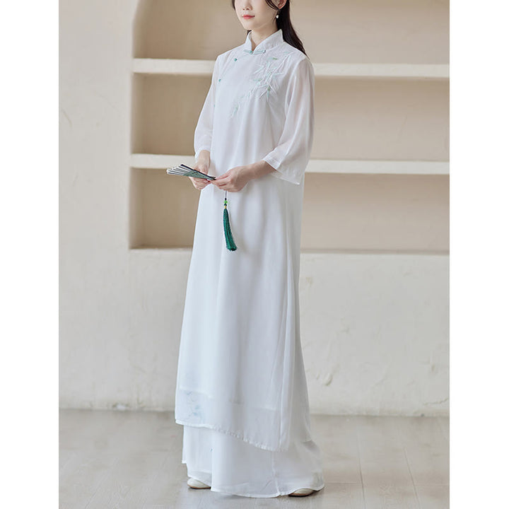 Vestido Cheongsam de bambú con Buddha Stones, vestido a media pierna, pantalones de pierna ancha, ropa de práctica Zen espiritual para meditación - image 8