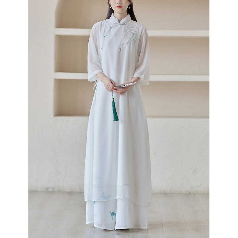 Vestido Cheongsam de bambú con Buddha Stones, vestido a media pierna, pantalones de pierna ancha, ropa de práctica Zen espiritual para meditación - image 5