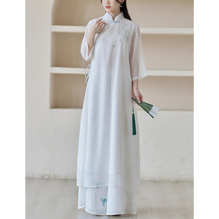 Vestido Cheongsam de bambú con Buddha Stones, vestido a media pierna, pantalones de pierna ancha, ropa de práctica Zen espiritual para meditación - image 6