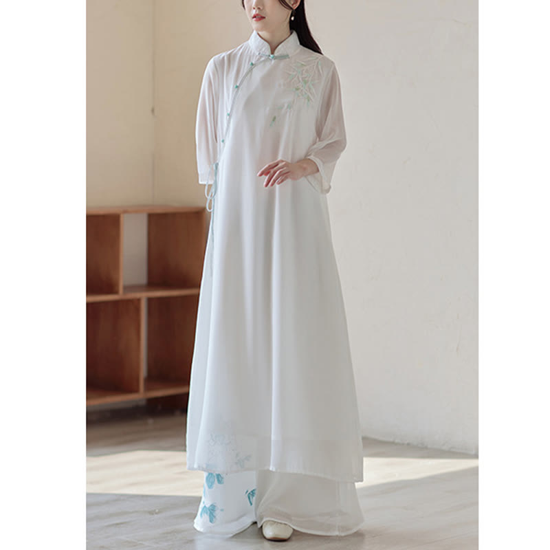 Vestido Cheongsam de bambú con Buddha Stones, vestido a media pierna, pantalones de pierna ancha, ropa de práctica Zen espiritual para meditación - image 7