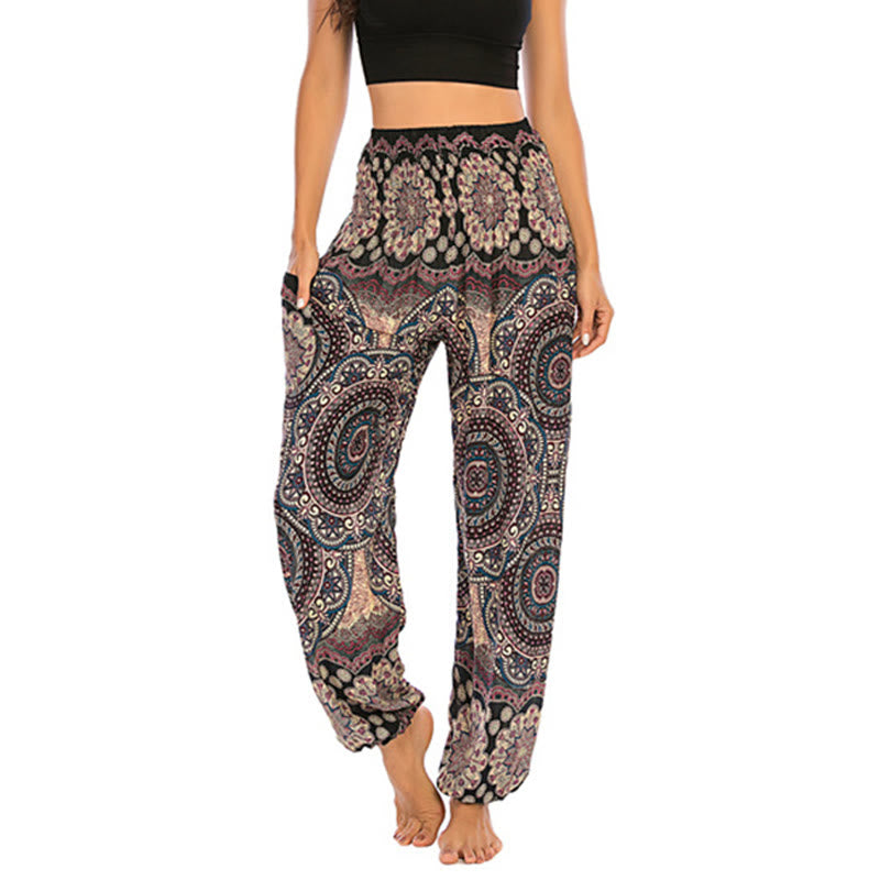 Pantalones de yoga para mujer con diseño geométrico redondo y suelto con Buddha Stones - Negro Beige- US2-8/10，UK/AU6-12/14，EU34-40/42 (F) - image 0