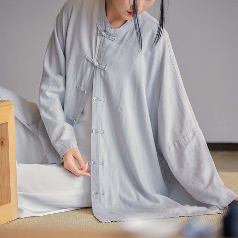 Camisa con diseño de botones de rana y Buddha Stones , Top de meditación Zen Tai Chi, chaqueta de lino y algodón - Gris (Busto 150 cm) (Solo la parte superior) - image 0
