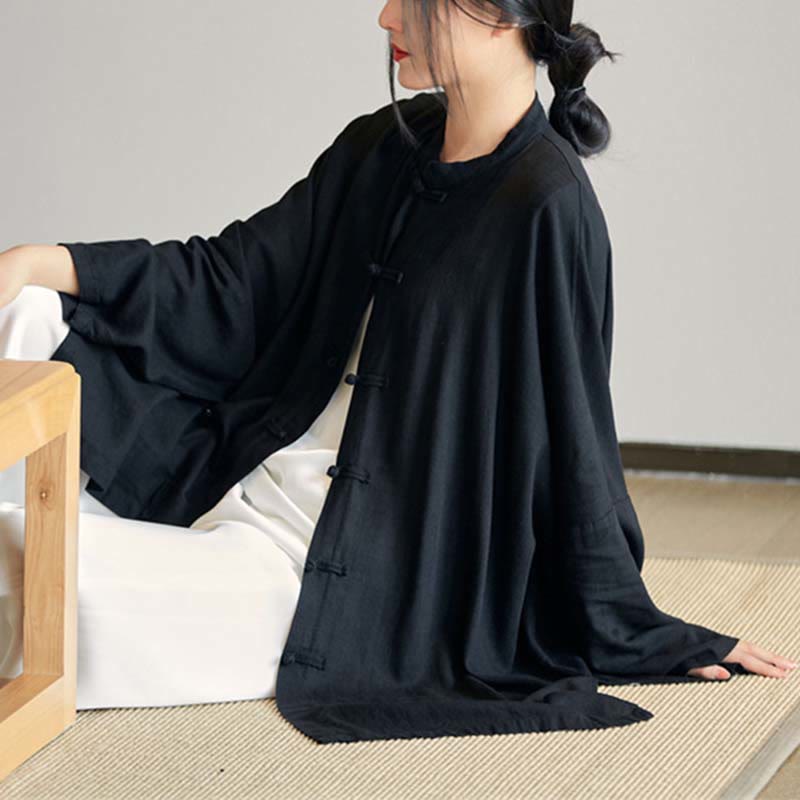 Camisa con diseño de botones de rana y Buddha Stones , Top de meditación Zen Tai Chi, chaqueta de lino y algodón - Negro (Busto 150 cm) (Solo la parte superior) - image 21