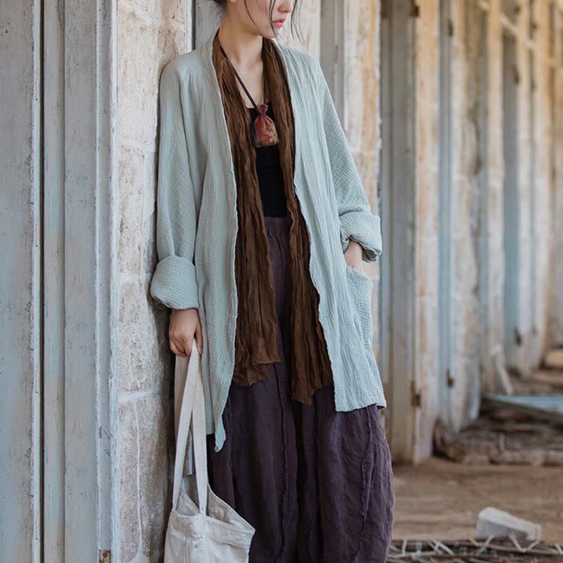 Buddha Stones Diseño liso Abrigo de manga larga Meditación Zen Chaqueta de algodón con parte delantera abierta - image 4