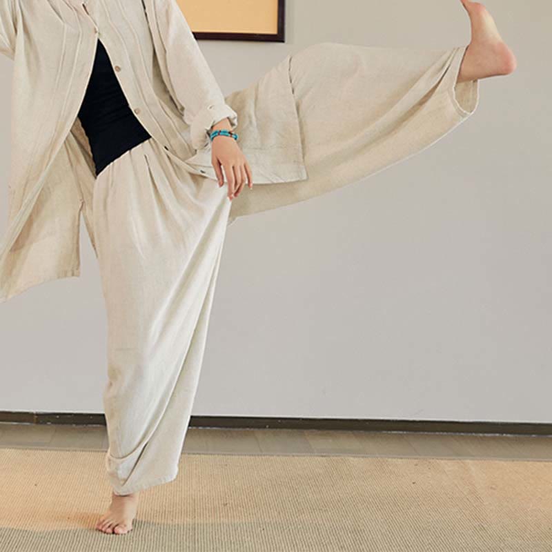 Buddha Stones, abrigo liso de manga larga, chaqueta, pantalones de pierna ancha, ropa de meditación Zen Tai Chi Yoga - Beige - Sólo pantalones - US4-12, UK/AU8-16, EU36-44 (F) - image 2