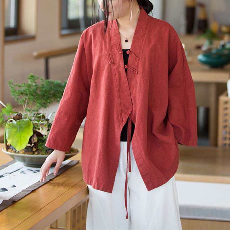 Chaqueta de manga larga con diseño Hanfu con botones de Buddha Stones, chaqueta superior abierta con parte delantera abierta para meditación Zen - Rojo, US0/10, UK/AU4/14, EU32-40/42 (F) - image 0