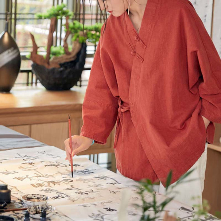 Chaqueta de manga larga con diseño de Hanfu y botones de rana con Buddha Stones y parte superior abierta para meditación zen - image 6