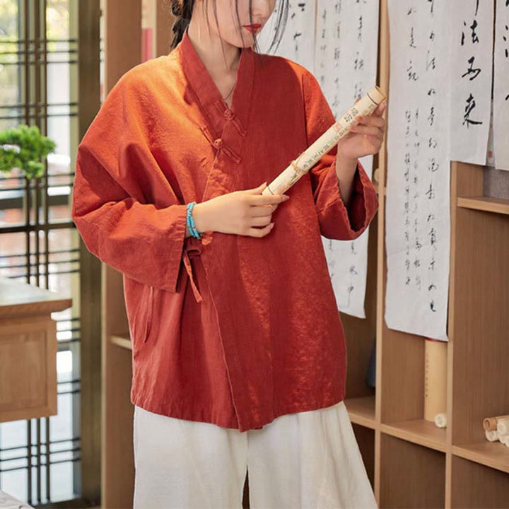 Chaqueta de manga larga con diseño de Hanfu y botones de rana con Buddha Stones y parte superior abierta para meditación zen - image 7