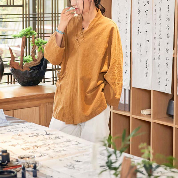 Chaqueta de manga larga con diseño Hanfu con botones de Buddha Stones, chaqueta superior abierta con parte delantera abierta para meditación Zen - image 11