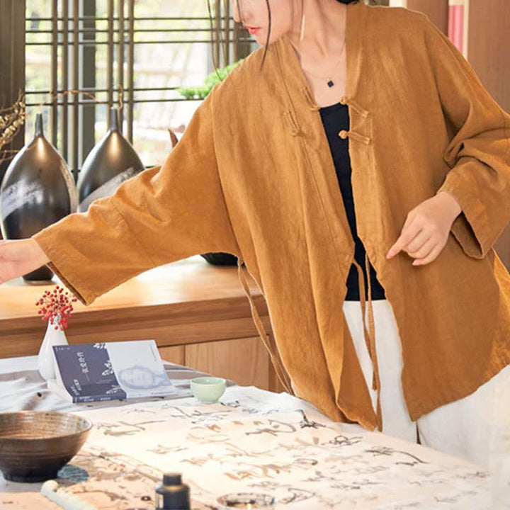 Chaqueta de manga larga con diseño Hanfu con botones de Buddha Stones, chaqueta superior abierta con parte delantera abierta para meditación Zen - image 13