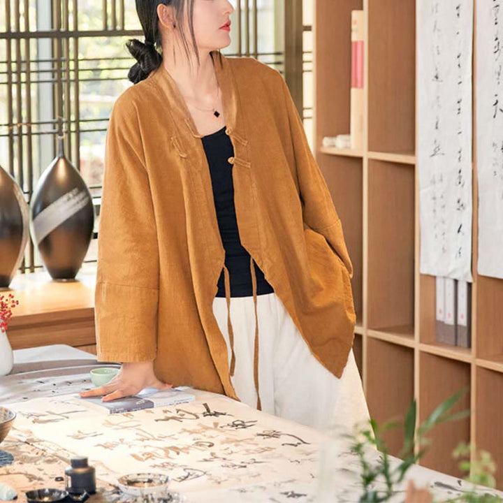 Chaqueta de manga larga con diseño Hanfu con botones de Buddha Stones, chaqueta superior abierta con parte delantera abierta para meditación Zen - image 12