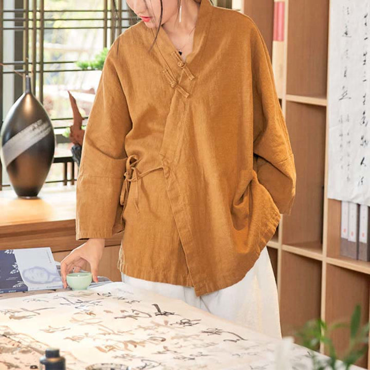 Chaqueta de manga larga con diseño Hanfu con botones de Buddha Stones, chaqueta superior abierta con parte delantera abierta para meditación Zen - image 10