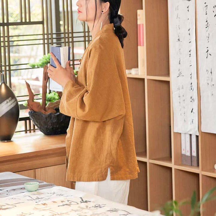 Chaqueta de manga larga con diseño de Hanfu y botones de rana con Buddha Stones y parte superior abierta para meditación zen - image 15