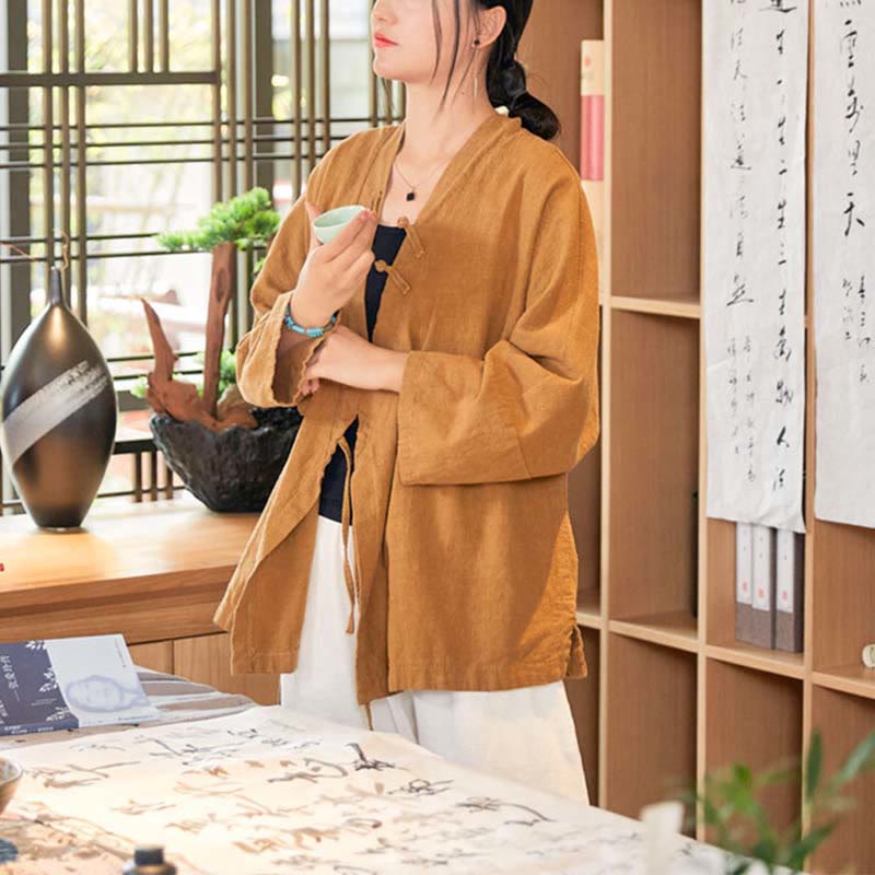 Chaqueta de manga larga con diseño de Hanfu y botones de rana con Buddha Stones y parte superior abierta para meditación zen - image 14