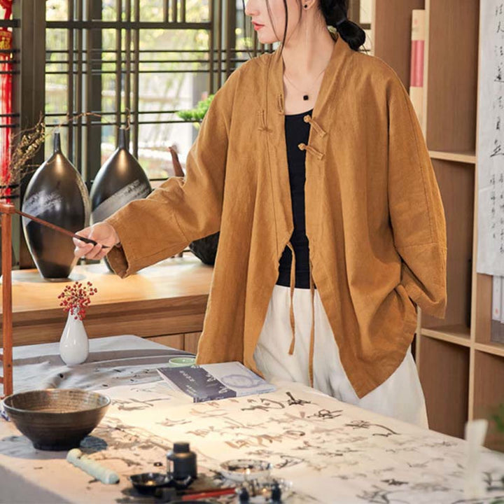 Chaqueta de manga larga con diseño Hanfu con botones de Buddha Stones, chaqueta superior abierta con parte delantera abierta para meditación Zen - image 9