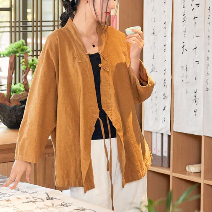 Chaqueta de manga larga con diseño de Hanfu y botones de rana con Buddha Stones y parte superior abierta para meditación zen - Amarillo, US0/10, UK/AU4/14, EU32-40/42 (F) - image 8